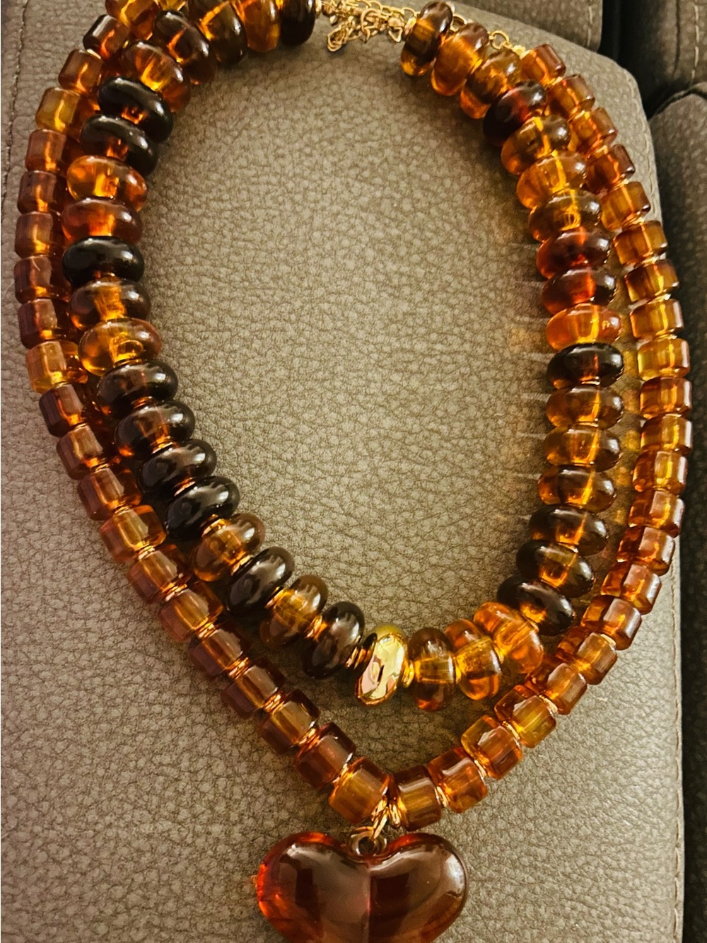Triple-Strand Amber Bead Necklace with Heart Pendant - Women Jewelry